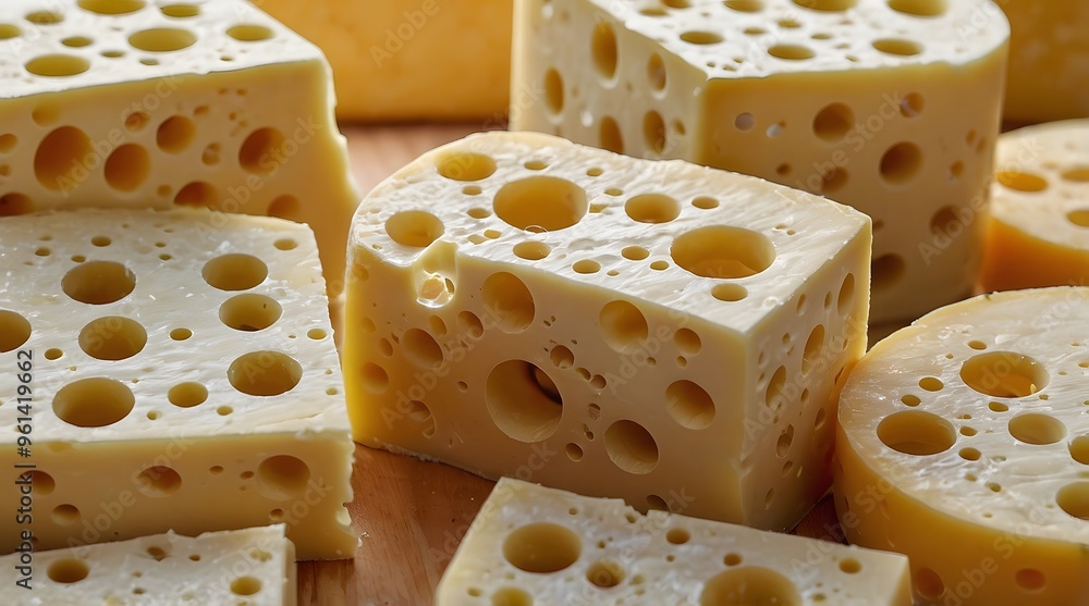 Close-up of Swiss Cheese Cubes and Slices Close-up of Swiss Cheese Cubes and Slices