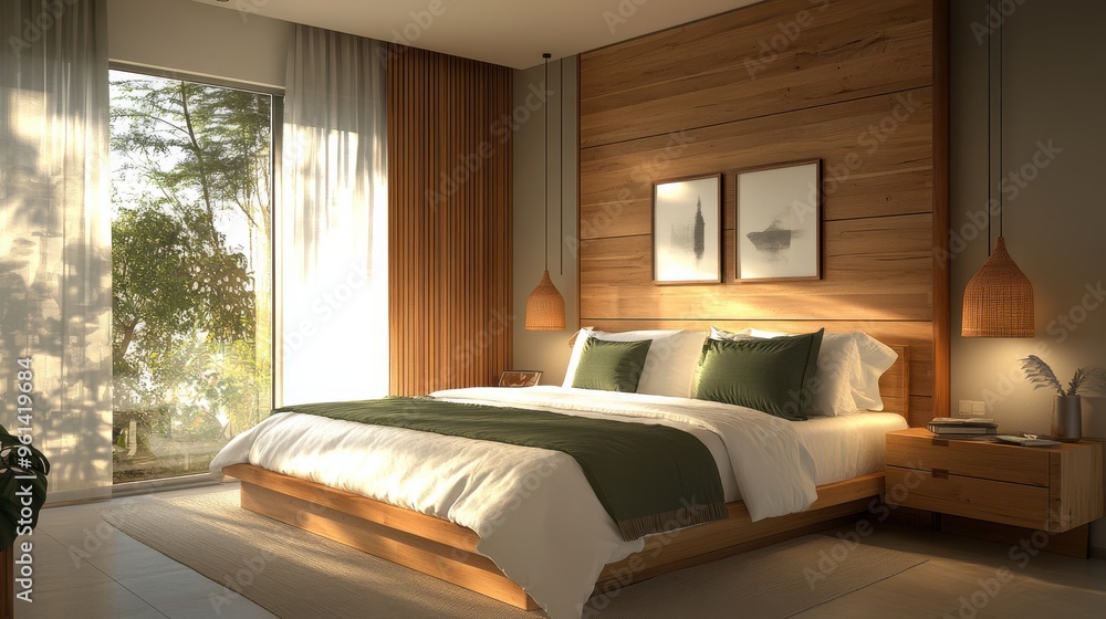 Modern Bedroom with Wooden Headboard and White Bedding, a Cozy and Inviting Retreat. Modern Bedroom with Wooden Headboard and White Bedding, a Cozy and Inviting Retreat.