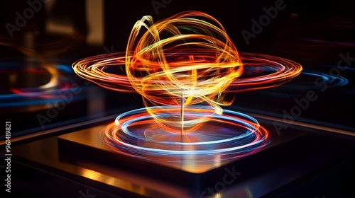 Holographic simulation depicting the conservation of angular momentum in a rotating system showcasing the principles of physics and fluid dynamics through a captivating digital display photo