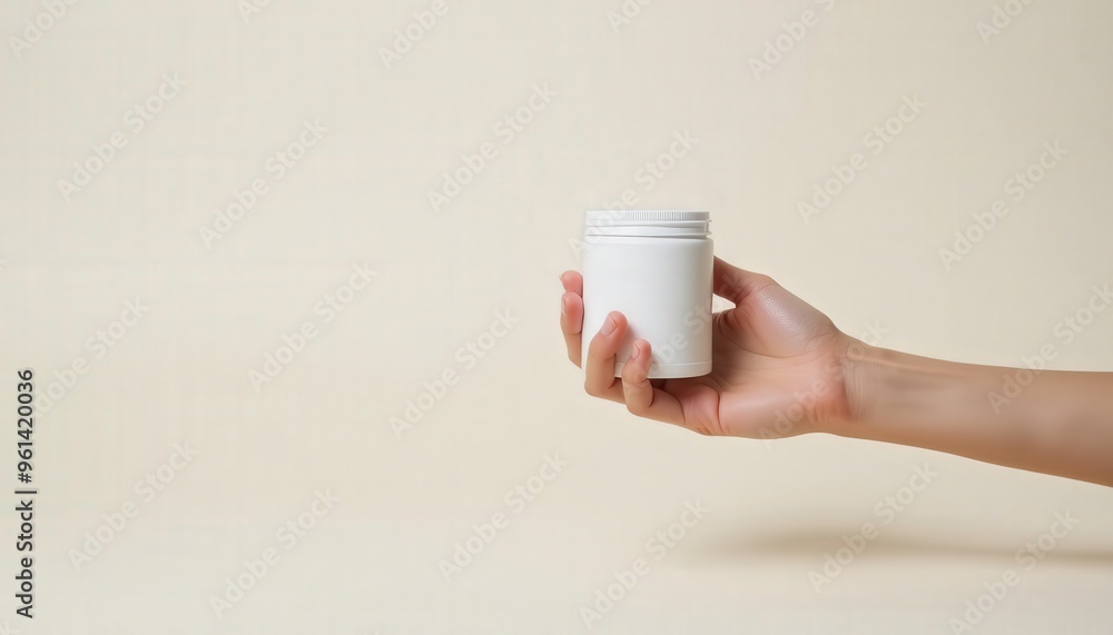 Hand holding a blank white jar with a screw lid, isolated on a clean pastel background Hand holding a blank white jar with a screw lid, isolated on a clean pastel background