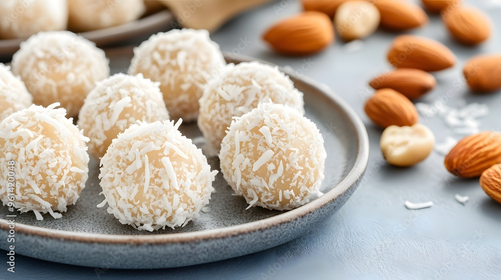 coconut-coated almond balls placed neatly on a gray ceramic plate, Generative AI coconut-coated almond balls placed neatly on a gray ceramic plate, Generative AI