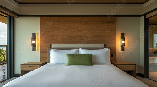 Wallpaper Mural Modern Bedroom with Wooden Headboard and White Bedding, a Cozy and Inviting Retreat. Torontodigital.ca