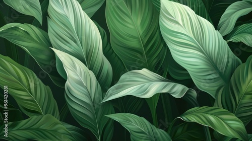 Tropical leaf background with green textured Spathiphyllum cannifolium foliage.