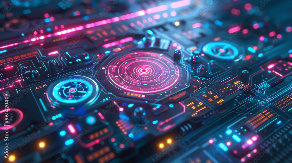 Enchanting computer game interface with vibrant and magical elements, top view, representing the wonder of digital play, futuristic tone, Analogous Color Scheme Enchanting computer game interface with vibrant and magical elements, top view, representing the wonder of digital play, futuristic tone, Analogous Color Scheme