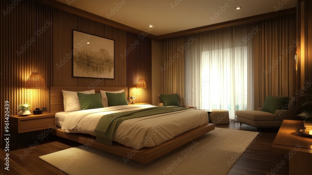 Modern Bedroom with Wooden Headboard and White Bedding, a Cozy and Inviting Retreat. Modern Bedroom with Wooden Headboard and White Bedding, a Cozy and Inviting Retreat.