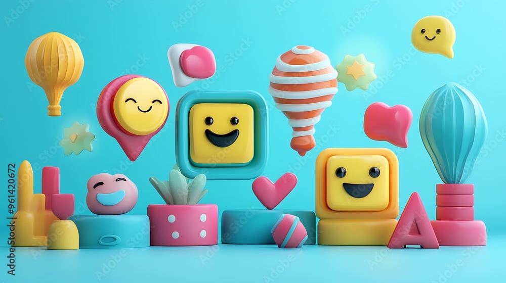 Fototapeta premium 3D colorful emoji icons float with balloons and hearts on a blue background, playful and cheerful.