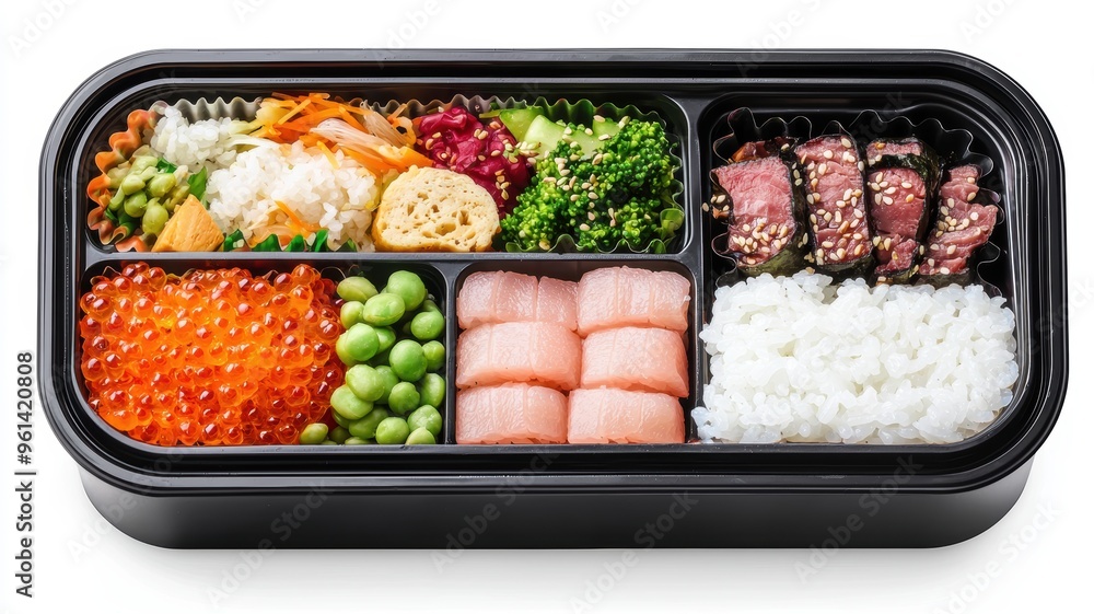 A colorful bento box filled with sushi, rice, vegetables, and garnishes, perfect for a healthy meal or a Japanese-inspired feast. A colorful bento box filled with sushi, rice, vegetables, and garnishes, perfect for a healthy meal or a Japanese-inspired feast.