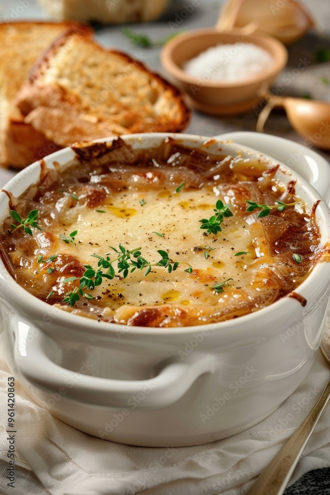 Delectable French Onion Soup in Ceramic Bowl Topped with Melted Cheese and Fresh Herbs Delectable French Onion Soup in Ceramic Bowl Topped with Melted Cheese and Fresh Herbs