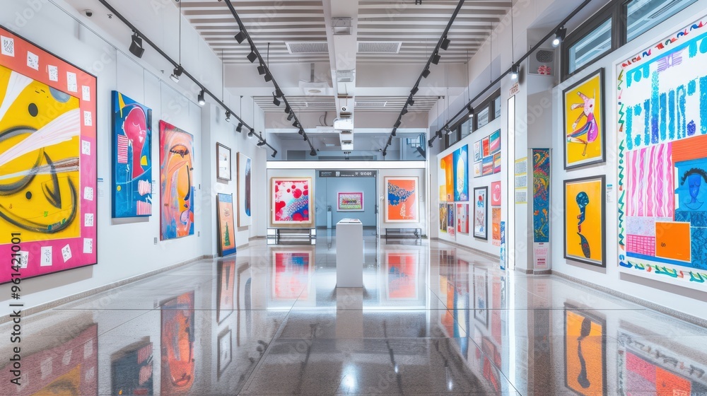 A vibrant image of a school art exhibition with various student artworks, with a minimalist background and lots of copy space for exhibition details A vibrant image of a school art exhibition with various student artworks, with a minimalist background and lots of copy space for exhibition details