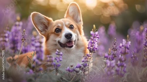  A tight shot of a dog in a field filled with purple blooms, sunlight casting rays on its expression