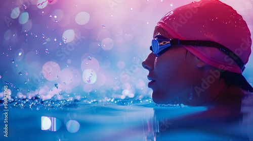 Swimmer in water, pool. Backstroke swi  mming. Freestyle swimming in a sport competition, Olympics sports. Butterfly adult swimming style. Learning how to swimming with swimming cap photo