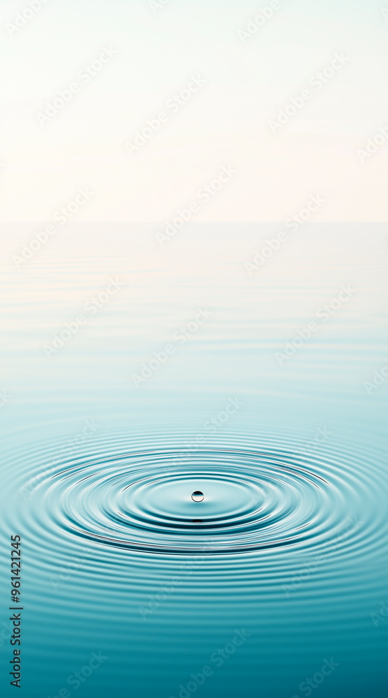 Clear water surface with a single droplet falling into it, creating ripples that spread outward in perfect circular waves. The background is a soft gradient of light blue and white Clear water surface with a single droplet falling into it, creating ripples that spread outward in perfect circular waves. The background is a soft gradient of light blue and white