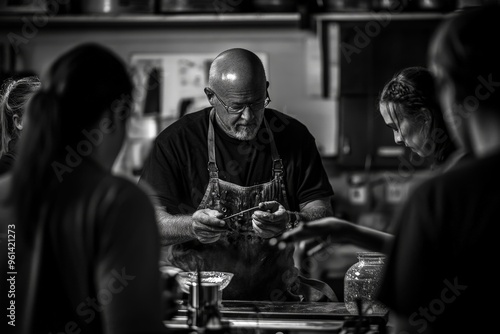 Wallpaper Mural A group of individuals attentively observing a skilled glassblower sculpting an intricate glass piece in a workshop setting, highlighting the art of glassblowing. Torontodigital.ca