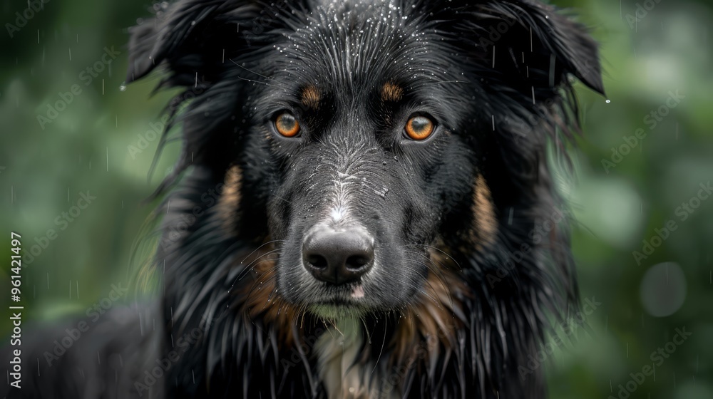 A tight shot of a black and brown dog's facial features, adorned with droplets of water clinging to its wet fur A tight shot of a black and brown dog's facial features, adorned with droplets of water clinging to its wet fur