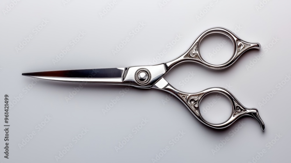 A pair of sleek silver scissors on a minimalistic background, perfect for creative and artistic projects. A pair of sleek silver scissors on a minimalistic background, perfect for creative and artistic projects.
