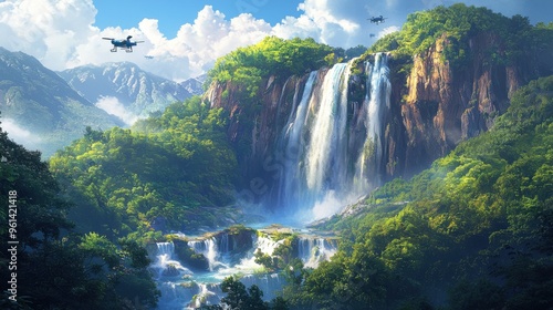 A majestic waterfall cascading from a mountain peak, surrounded by dense greenery. Hidden among the rocks are small, unobtrusive sensors that monitor the ecosystem’s health, while eco-friendly 