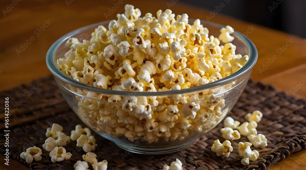 A Glass Bowl Filled With Buttery Popcorn A Glass Bowl Filled With Buttery Popcorn