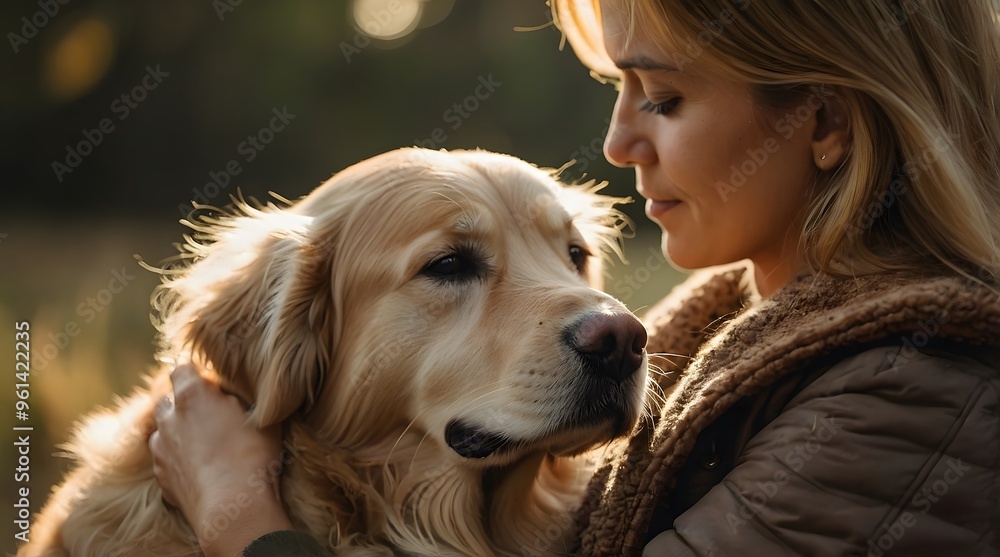 Woman Embracing a Golden Retriever in a Forest Woman Embracing a Golden Retriever in a Forest