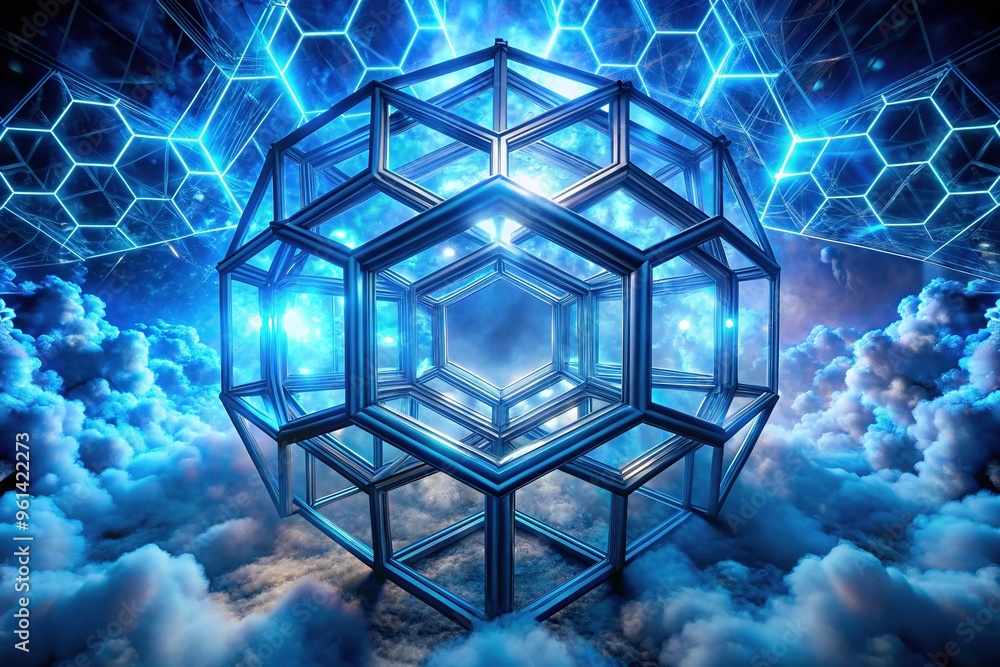A mesmerizing, intricate, hexagonal lattice structure glows with soft, pulsing blue light, emitting a mysterious, otherworldly energy, surrounded by swirling clouds of misty atmosphere. A mesmerizing, intricate, hexagonal lattice structure glows with soft, pulsing blue light, emitting a mysterious, otherworldly energy, surrounded by swirling clouds of misty atmosphere.