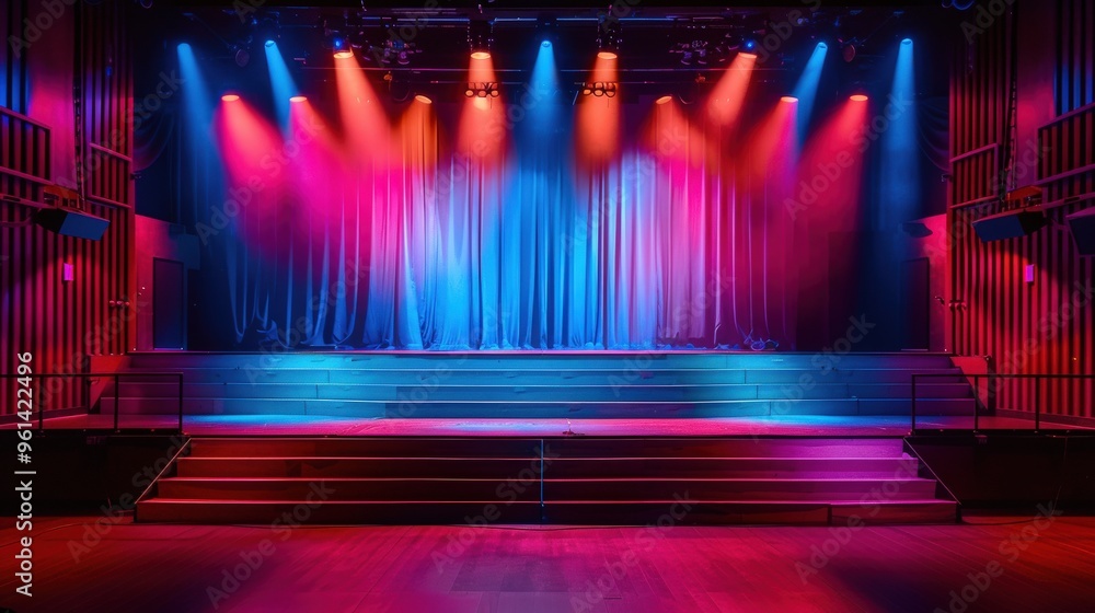 Obraz premium A detailed view of the stage lighting setup for a school play, with a clean background and lots of copy space for lighting design insights.