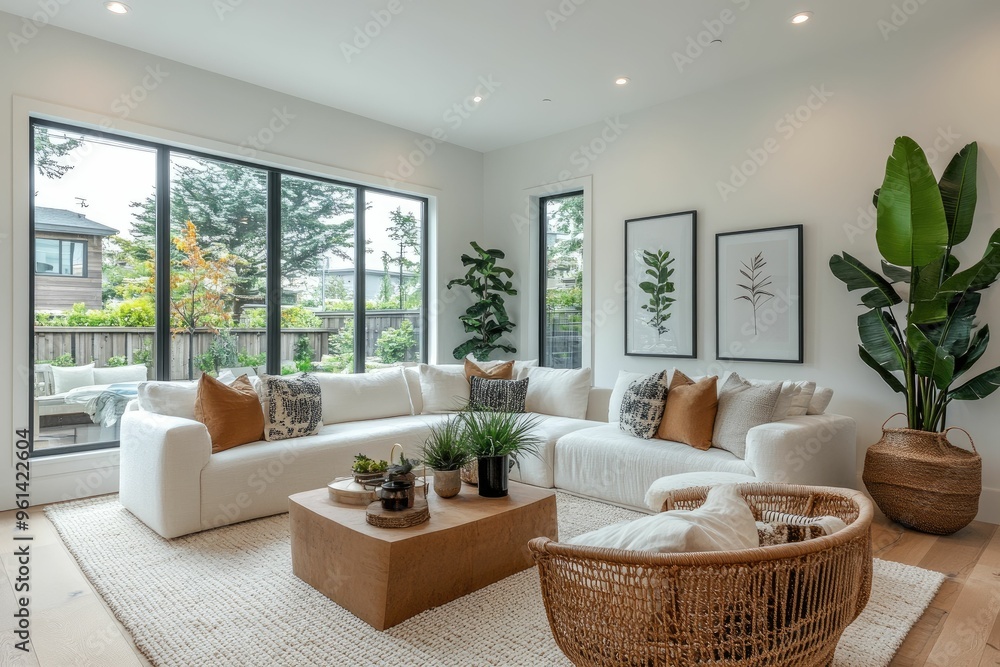 Modern Living Room with Natural Light and Greenery Modern Living Room with Natural Light and Greenery