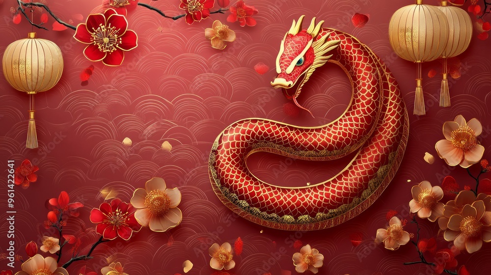 Happy chinese new year 2025 the snake zodiac sign with flower,lantern,asian elements snake logo red and gold paper cut style on color background. ( Translation : happy new year 2025 year of the snake) Happy chinese new year 2025 the snake zodiac sign with flower,lantern,asian elements snake logo red and gold paper cut style on color background. ( Translation : happy new year 2025 year of the snake)