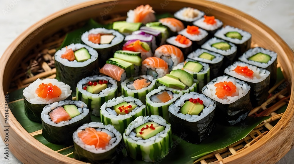 Assortment of Sushi Rolls with Salmon, Avocado, and Cucumber in a Bamboo Steamer Assortment of Sushi Rolls with Salmon, Avocado, and Cucumber in a Bamboo Steamer