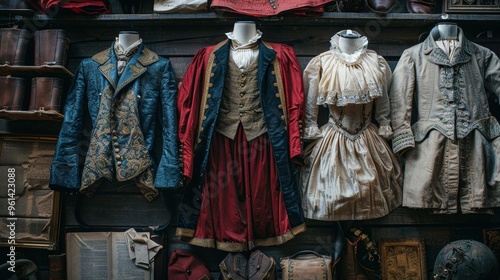 A detailed view of a studentâ€™s costume and props laid out for a school play, with a clean background and lots of copy space for costume and prop descriptions.