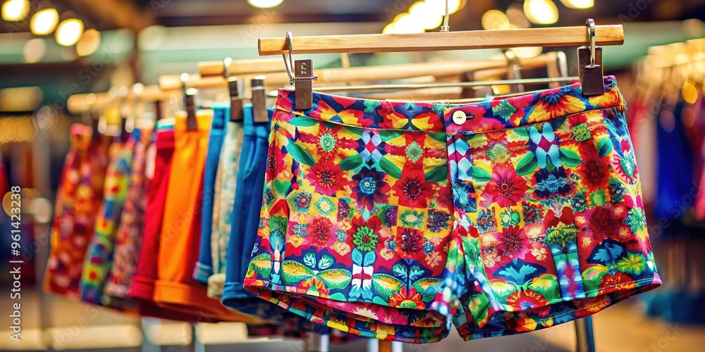 Naklejka premium A pair of brightly colored mini shorts hangs neatly on a hanger, showcasing a vibrant print with a blurred studio background in sharp creases.