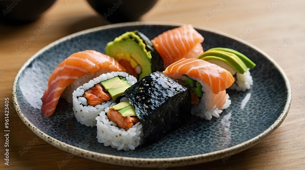 Salmon and Avocado Sushi Rolls on a Blue Plate Salmon and Avocado Sushi Rolls on a Blue Plate
