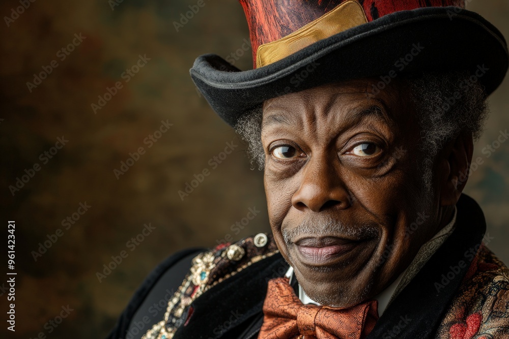 A person dressed as a regal character complete with an ornate costume and a striking top hat, evoking a sense of Victorian elegance and grandeur, against a rich, dark background. A person dressed as a regal character complete with an ornate costume and a striking top hat, evoking a sense of Victorian elegance and grandeur, against a rich, dark background.