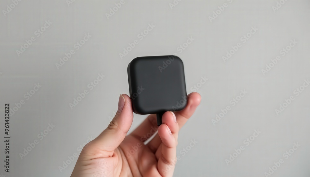 Hand holding a minimalist black phone charger, isolated on a clean gray background Hand holding a minimalist black phone charger, isolated on a clean gray background