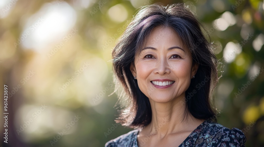 A portrait of a smiling woman outdoors, bathed in sunlight, showcasing the beauty of nature, happiness, and a moment of peace and contentment in a lovely setting. A portrait of a smiling woman outdoors, bathed in sunlight, showcasing the beauty of nature, happiness, and a moment of peace and contentment in a lovely setting.