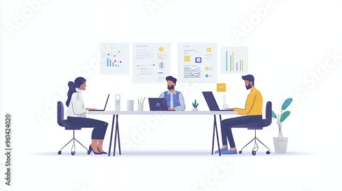 A diverse team of three people working on laptops at a white desk with charts and graphs on the wall behind them.