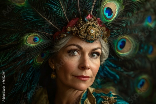 A woman adorned with peacock feathers and an ornate gold headpiece gazes calmly, exuding elegance and regal beauty against a richly textured dark backdrop.