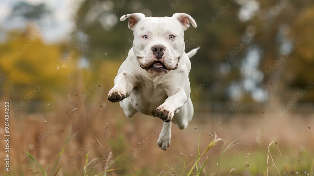 Obraz premium A white dog jumps with its front paws raised