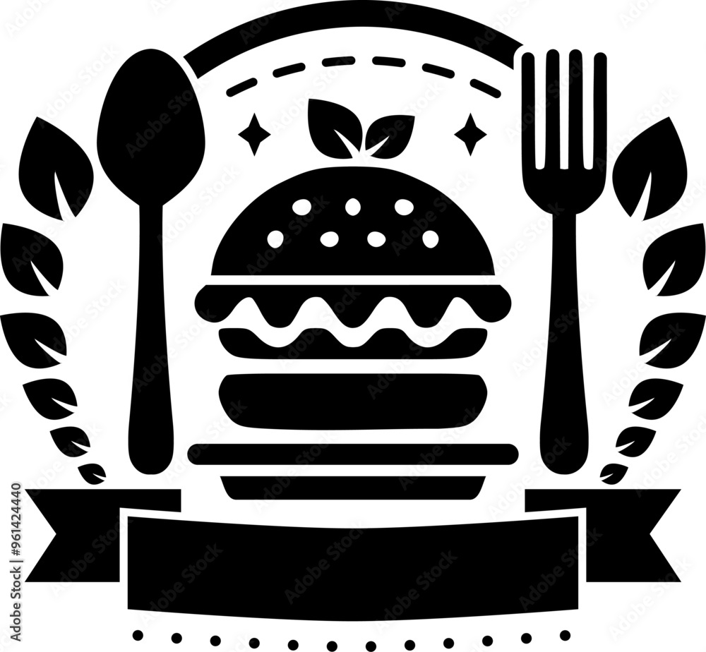 a hamburger bun with cutlery and leaves with name tag a hamburger bun with cutlery and leaves with name tag