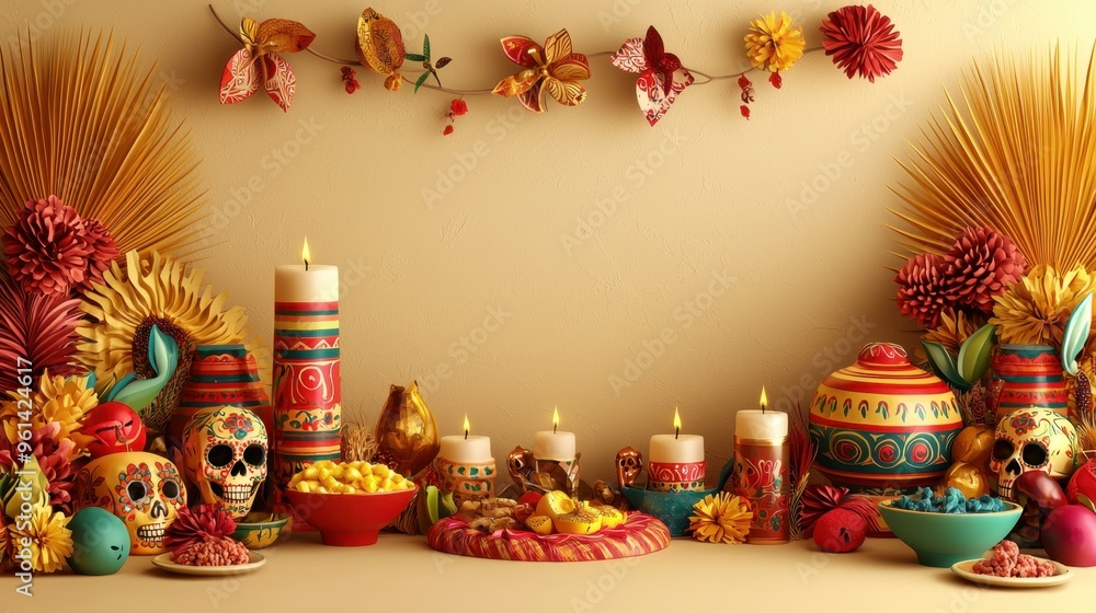 Day of the Dead Altar with Candles, Skulls, and Flowers. Day of the Dead Altar with Candles, Skulls, and Flowers.