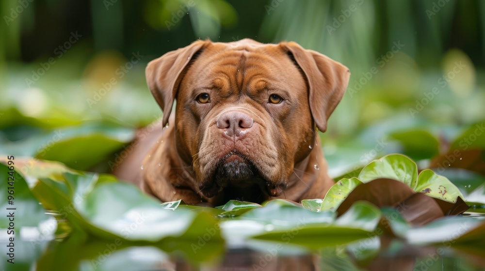 A tight shot of a dog reclining in a water-filled pool, encircled by verdant foliage and water lilies A tight shot of a dog reclining in a water-filled pool, encircled by verdant foliage and water lilies