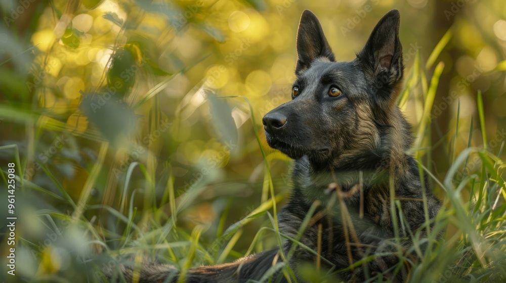 A tight shot of a dog reclining in a lush grassy expanse, surrounded by trees and bathed in sunlight that illuminates its face A tight shot of a dog reclining in a lush grassy expanse, surrounded by trees and bathed in sunlight that illuminates its face