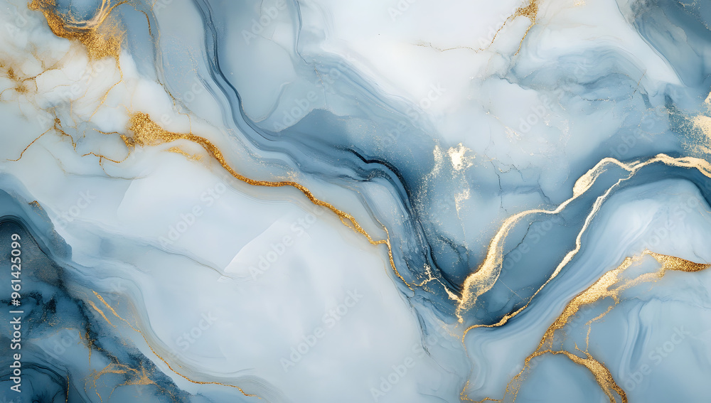 Fototapeta premium Abstract background blue marble agate granite mosaic with golden veins digital marbling illustration, fake painted artificial stone texture, marbled surface.