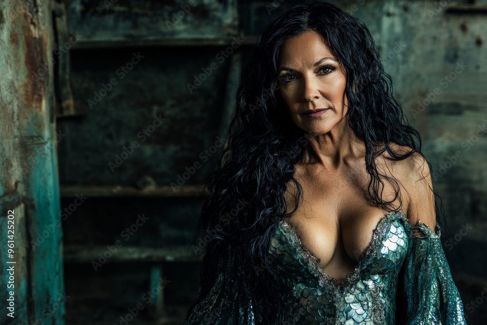 Fototapeta premium A striking woman with dark curly hair wearing a sequin dress, standing against a weathered industrial background, creating a contrast between glamor and rustic elements.