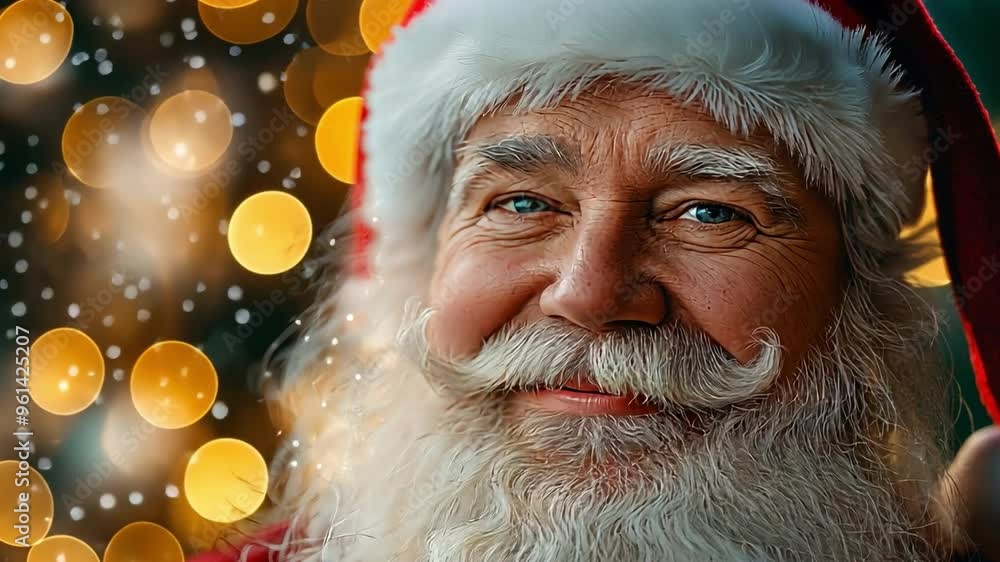 A red-suited Santa Claus with a white beard is seen against a backdrop of holiday lights. A red-suited Santa Claus with a white beard is seen against a backdrop of holiday lights.