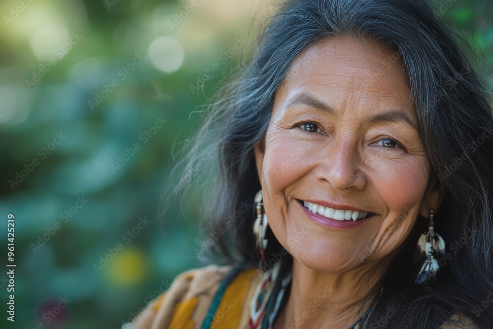 A warmly smiling woman with long gray hair and feather earrings, captured in an outdoor setting with a green background, radiating joy, wisdom, and natural beauty. A warmly smiling woman with long gray hair and feather earrings, captured in an outdoor setting with a green background, radiating joy, wisdom, and natural beauty.