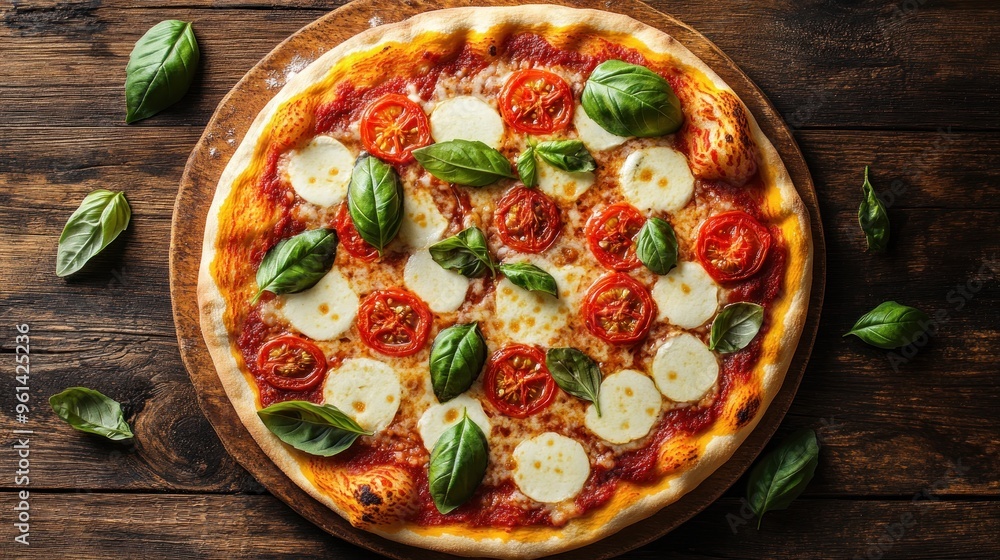 Margherita Pizza with Basil and Tomatoes on Wooden Background Margherita Pizza with Basil and Tomatoes on Wooden Background