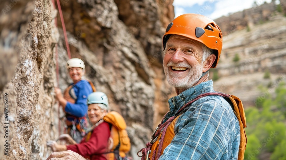Seniors on an adventure sports trip. Seniors climbing mountains with safety gear. Clear sky. Strong expression of determination and happiness. Surrounded by stunning natural scenery. Seniors on an adventure sports trip. Seniors climbing mountains with safety gear. Clear sky. Strong expression of determination and happiness. Surrounded by stunning natural scenery.