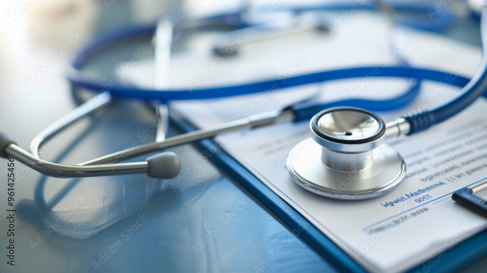 Medical stethoscope resting on a clipboard with patient information forms at a healthcare facility Medical stethoscope resting on a clipboard with patient information forms at a healthcare facility