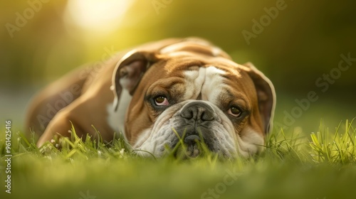  A brown-and-white dog lies on a lush, green grassfield photo