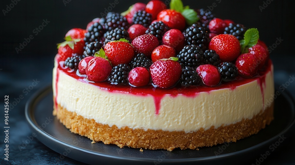 decadent cheesecake adorned with a vibrant medley of fresh berries rich creamy texture contrasts beautifully with the juicy fruits creating an irresistible dessert presentation decadent cheesecake adorned with a vibrant medley of fresh berries rich creamy texture contrasts beautifully with the juicy fruits creating an irresistible dessert presentation