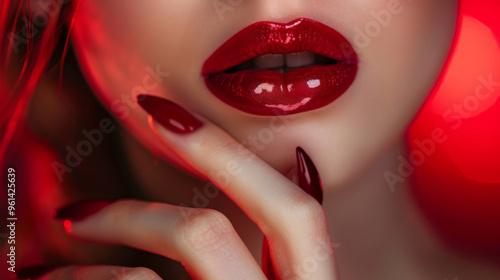Glamorous Red Lips and Glossy Nails Close-Up